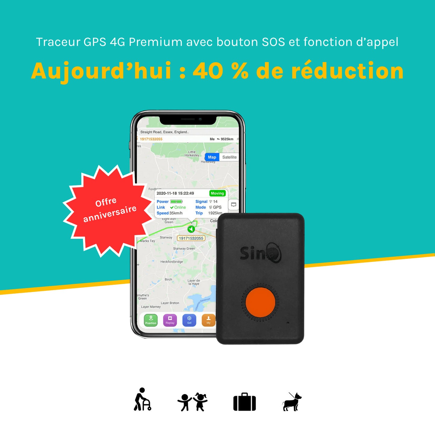 Traceur GPS 4G pour démence avec bouton SOS et fonction d’appel